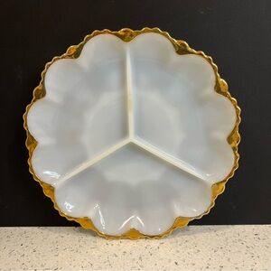 Vintage ANCHOR HOCKING Fire King White 22K Gold Trim Milk Glass Divided Tray
